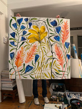 Load image into Gallery viewer, Yellow Fan Blue Flute Pink Leaves 48x48