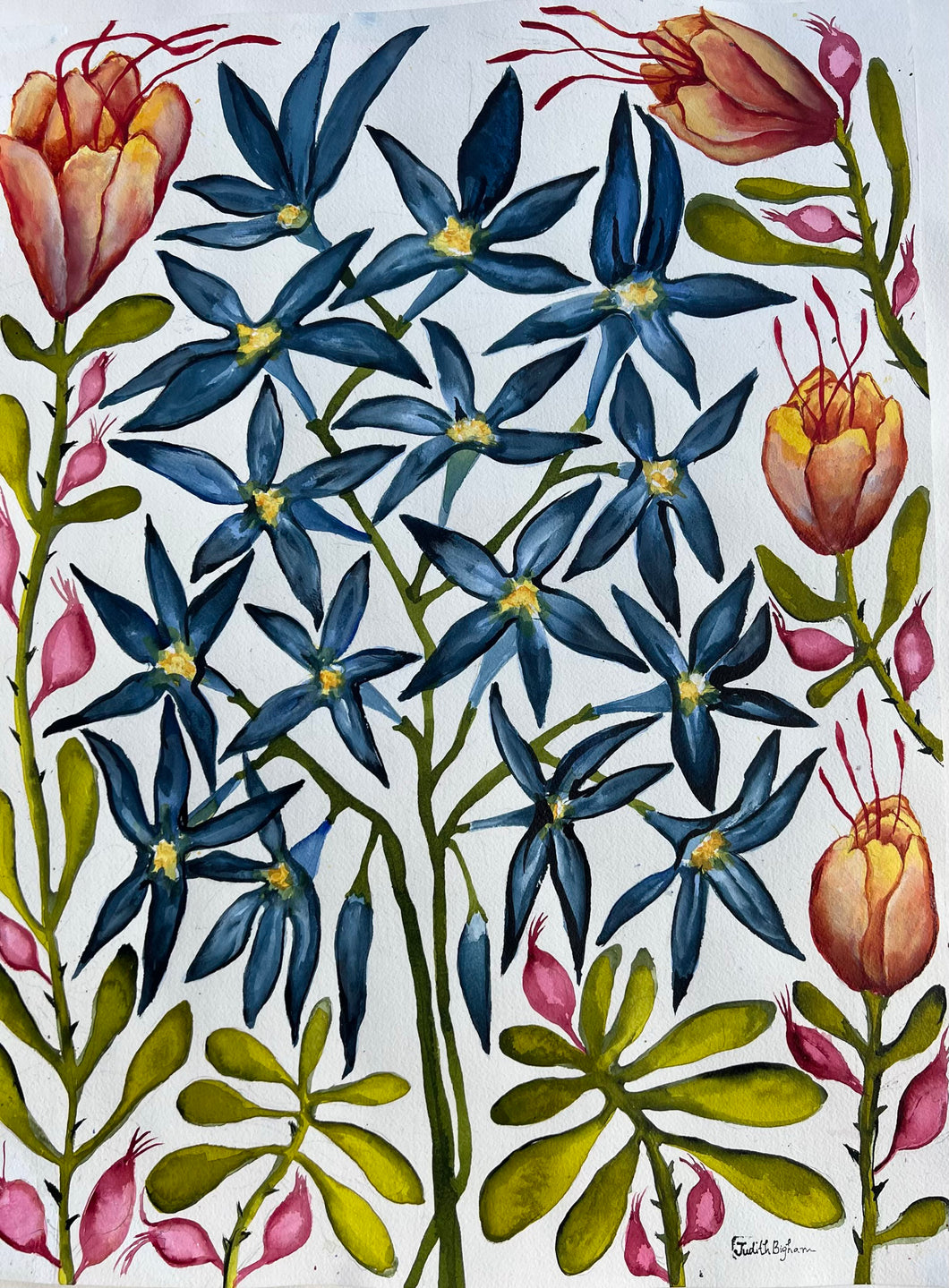 Blue Star with Pink Buds 18x24