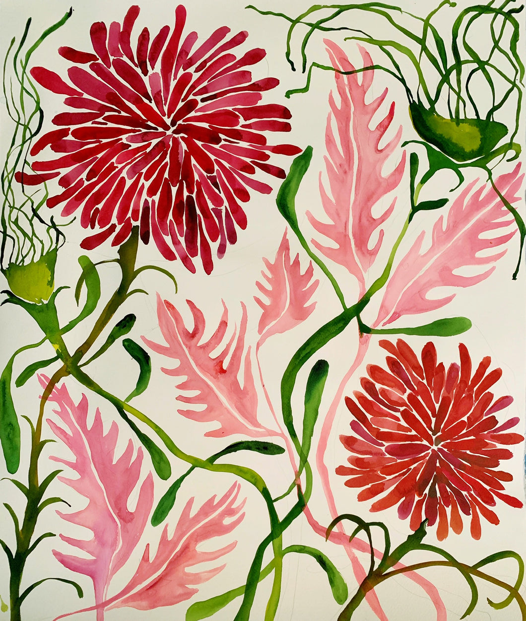 Pink Puff and Leaves 25x30