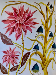 Pink Dahlia Blue Bell 18x24